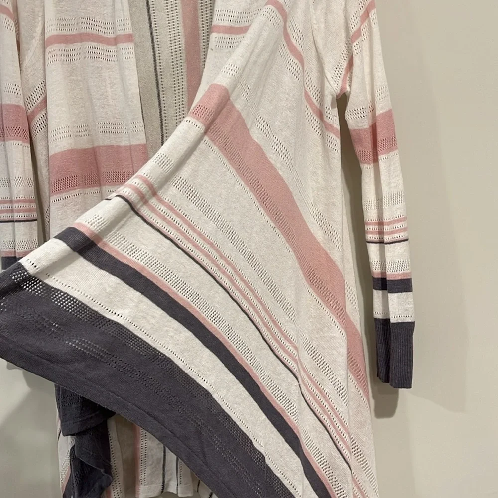 RACHEL ZOE Linen Knit Waterfall Open Wrap Cardigan Pink Gray White Eyelet - Picture 7 of 8